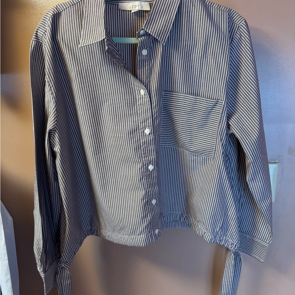 LOFT Striped Button-Up Top - Brown and White